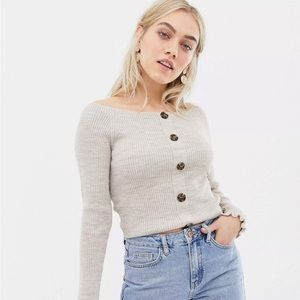 ASOS DESIGN Petite button up off shoulder sweater Oatmeal US 4P